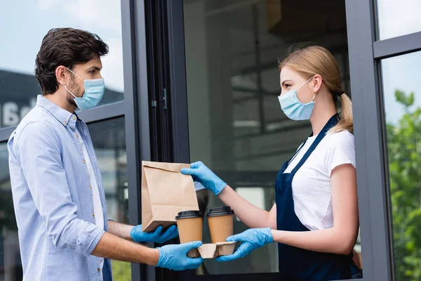 Side View Man Latex Gloves Medical Mask Receiving Order Waitress — Stock Photo, Image