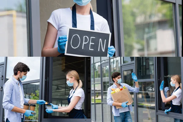 Collage Aus Hinweisschild Mann Bezahlt Mit Kreditkarte Hält Einkaufstasche Und — Stockfoto