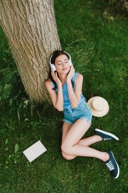 Kapalı gözlerle güzel bir kadının kitap ve hasır şapkanın yanında çimlerin üzerinde otururken müzik dinlediği yüksek açılı bir manzara. 