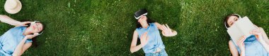 Çekici kadın kolajı çimenlerin üzerinde uzanıyor, müzik dinliyor ve VR kullanıyor. 