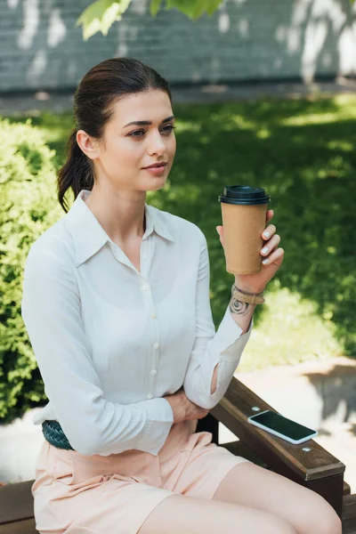 Attractive Businesswoman Sitting Bench Holding Paper Cup Smartphone Blank Screen — Stock Photo, Image