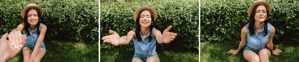 Collage Man Holding Hands Cheerful Girl Straw Hat Sitting Grass — Stock Photo, Image