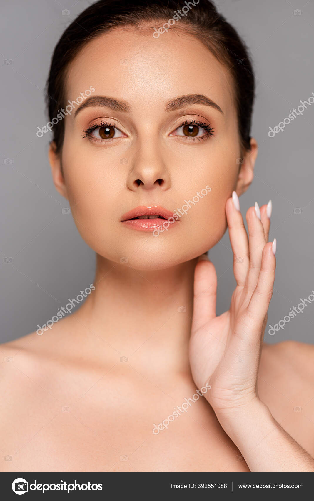 Beautiful Naked Woman Perfect Skin Touching Face Isolated Grey Stock