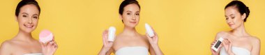 collage of happy beautiful woman holding facial cleansing brush, hand cream and deodorants isolated on yellow, panoramic shot clipart
