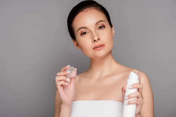 Beautiful Brunette Woman Holding Deodorant Isolated Grey — Stock Photo, Image