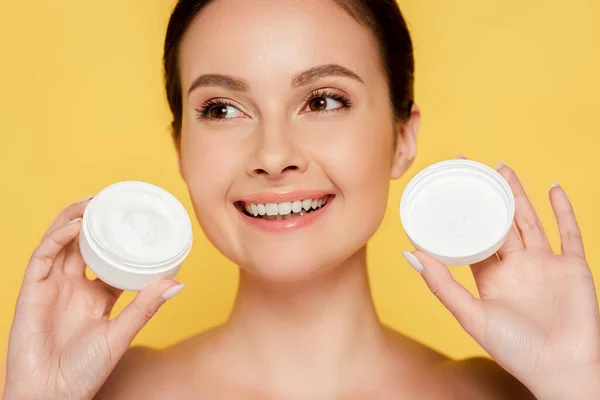Smiling Beautiful Naked Woman Holding Container Cosmetic Cream Isolated Yellow — Stock Photo, Image