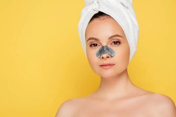 Beautiful Naked Woman Towel Head Blackhead Remover Nose Isolated Yellow — Stock Photo, Image