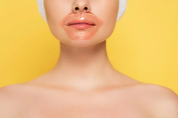 Cropped View Beautiful Naked Woman Lip Patch Isolated Yellow — Stock Photo, Image