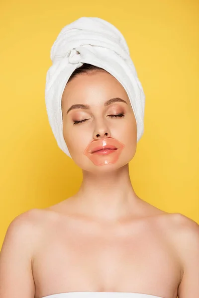 Beautiful Woman Towel Head Lip Patch Closed Eyes Isolated Yellow — Stock Photo, Image