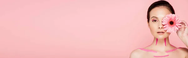 肉体にピンクの線とピンクの目に近い菊を持つ裸の美しい女性は ピンク パノラマショットに隔離された — ストック写真