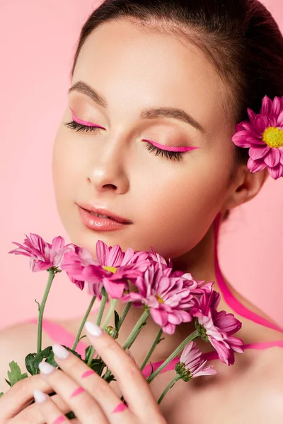 Naked Beautiful Woman Closed Eyes Pink Lines Body Flower Hair — Stock Photo, Image