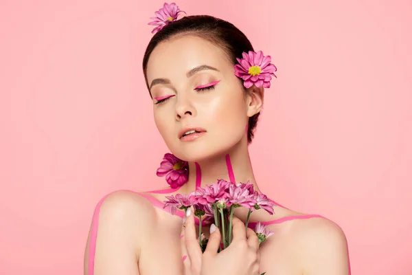 Mulher Bonita Nua Com Olhos Fechados Linhas Cor Rosa Corpo — Fotografia de Stock