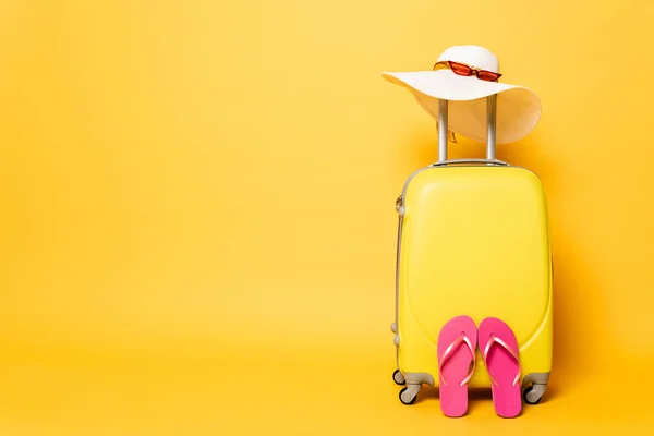 Yellow Travel Bag Flip Flops Sun Hat Sunglasses Isolated Yellow — Stock Photo, Image