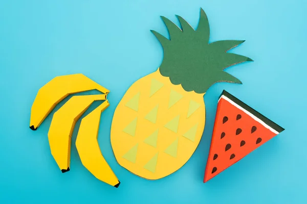 Top View Paper Summer Fruits Blue Background — Stock Photo, Image