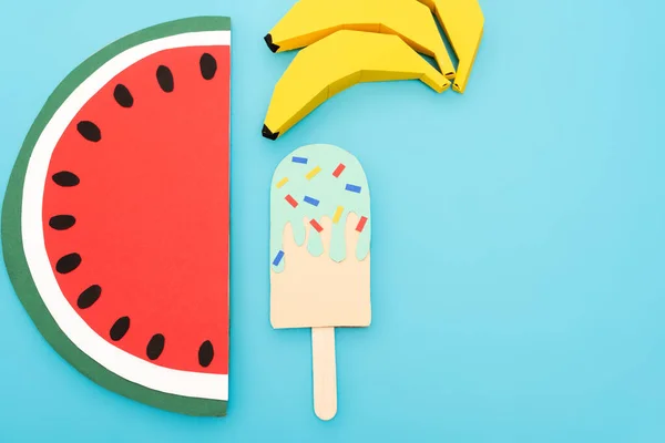 Top View Paper Watermelon Bananas Ice Cream Sprinkles Blue Background — Stock Photo, Image