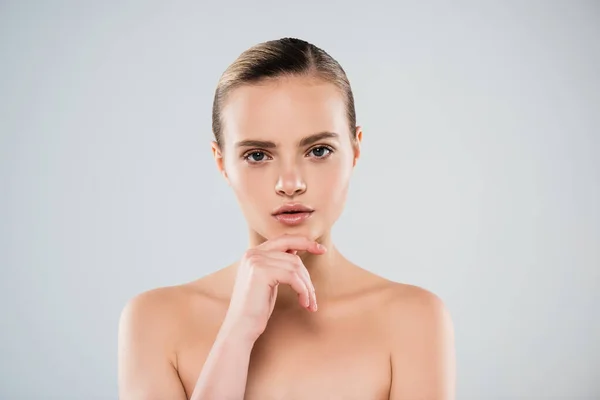 Naked Woman Looking Camera Touching Face Isolated Grey — Stock Photo, Image