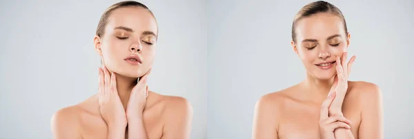 Collage Mujer Desnuda Tocando Cuello Cara Mientras Sonríe Aislado Gris — Foto de Stock