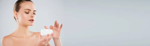 Panoramic Shot Pretty Woman Holding Container Face Cream Isolated Grey — Stock Photo, Image