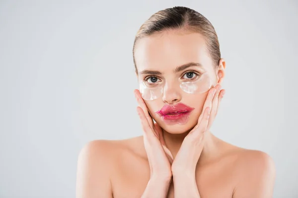 Naked Woman Lip Mask Eye Patches Touching Clean Face Isolated — Stock Photo, Image