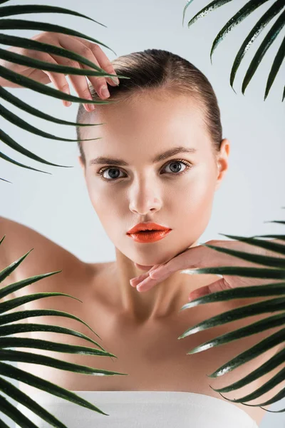 Attractive Woman Touching Face Palm Leaves White — Stock Photo, Image