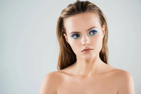 Nude Young Woman Blue Eye Shadow Looking Away Isolated White — Stock Photo, Image