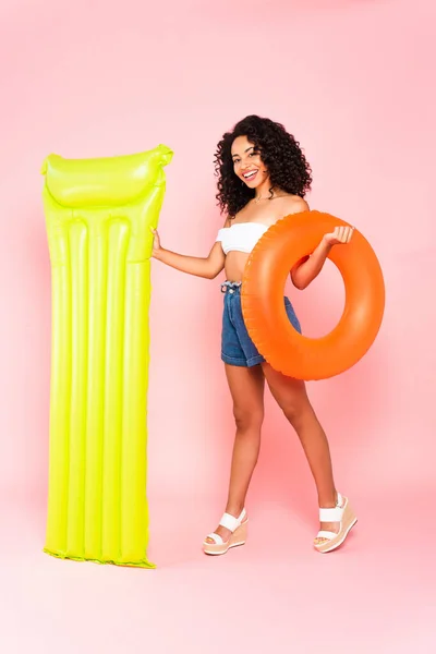 Happy African American Girl Holding Swim Ring Inflatable Mattress Pink — Stock Photo, Image