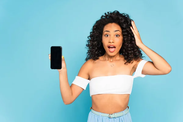 Surprised African American Girl Holding Smartphone Blank Screen Touching Curly — Stock Photo, Image