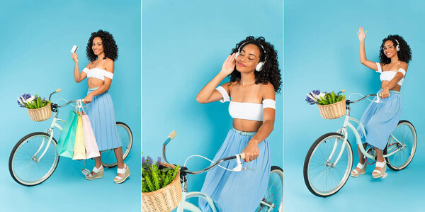 collage of cheerful african american girl in headphones riding bicycle, waving hand, holding credit card and shopping bags on blue