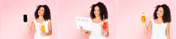 一群快乐的非洲裔美国女孩拿着鸡尾酒 带着空白屏幕的智能手机 粉色的旅行报纸的拼贴 — 图库照片