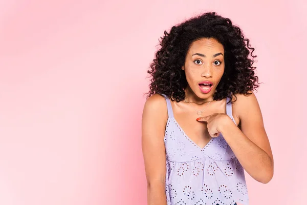 Shocked African American Girl Pointing Finger Herself Isolated Pink — Stock Photo, Image