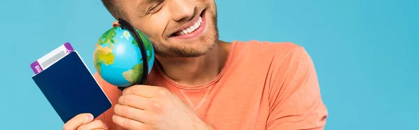 Panoramic Crop Happy Bearded Man Holding Passport Globe Isolated Blue — Stock Photo, Image