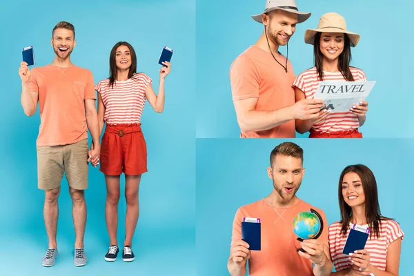 Collage Feliz Pareja Sombreros Con Pasaportes Leyendo Periódico Viaje Mirando —  Fotos de Stock