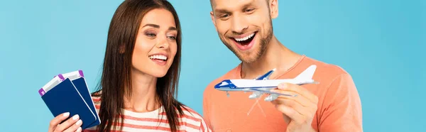 Panoramic Crop Happy Girl Holding Passports Looking Toy Plane Hand — Stock Photo, Image