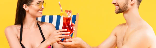 Panoramic Crop Bearded Man Holding Cocktail Attractive Happy Girl Sunglasses — Stock Photo, Image