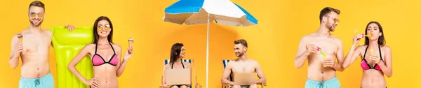 Collage Couple Using Laptops Holding Cocktails Blowing Soap Bubbles Yellow — Stock Photo, Image