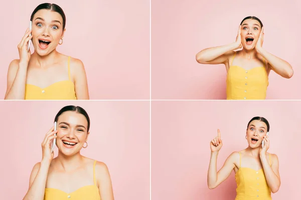 Collage Surprised Brunette Young Woman Smartphone Pink — Stock Photo, Image