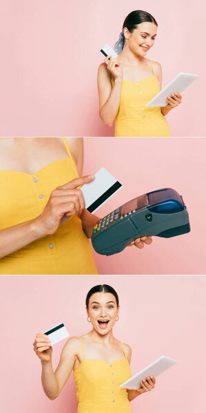 collage of brunette young woman with digital tablet, credit card and payment terminal isolated on pink