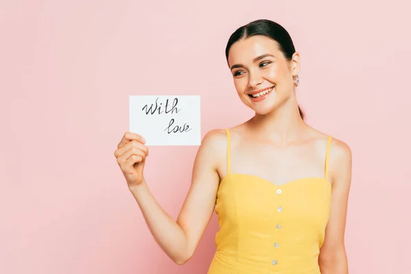 Brunette Young Woman Holding Love Card Pink — Stock Photo, Image