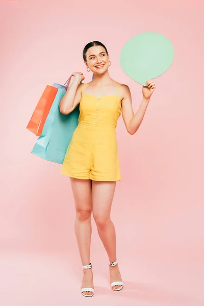 Full Length View Brunette Young Woman Shopping Bags Speech Bubble — Stock Photo, Image
