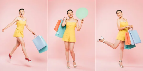 Collage Morena Joven Con Bolsas Compras Rosa — Foto de Stock