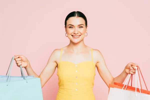 Brunette Young Woman Shopping Bags Isolated Pink — Stock Photo, Image