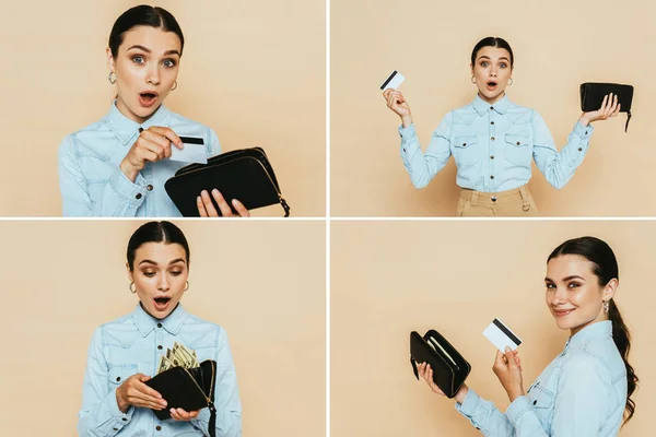 Colagem Mulher Morena Chocada Camisa Jeans Segurando Carteira Cartão Crédito — Fotografia de Stock