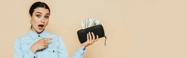 Shocked Brunette Woman Denim Shirt Pointing Wallet Dollars Isolated Beige — Stock Photo, Image