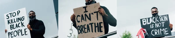 Colagem Homem Afro Americano Segurando Cartazes Com Letras Fora Conceito — Fotografia de Stock