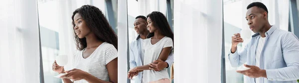 Collage Hombre Mujer Afroamericanos Sosteniendo Tazas Café Abrazos Pareja Mientras —  Fotos de Stock