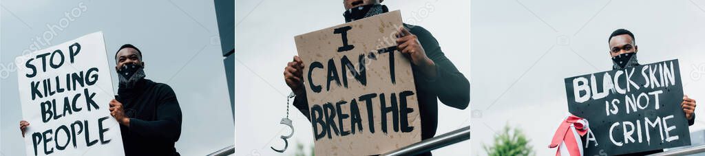 collage of african american man holding placards with lettering outside, racism concept 