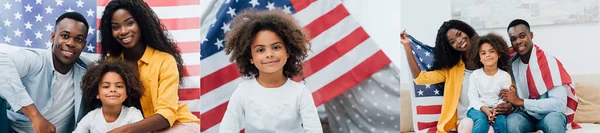 Collage Familia Afroamericana Sentado Cerca Bandera América Mirando Cámara —  Fotos de Stock