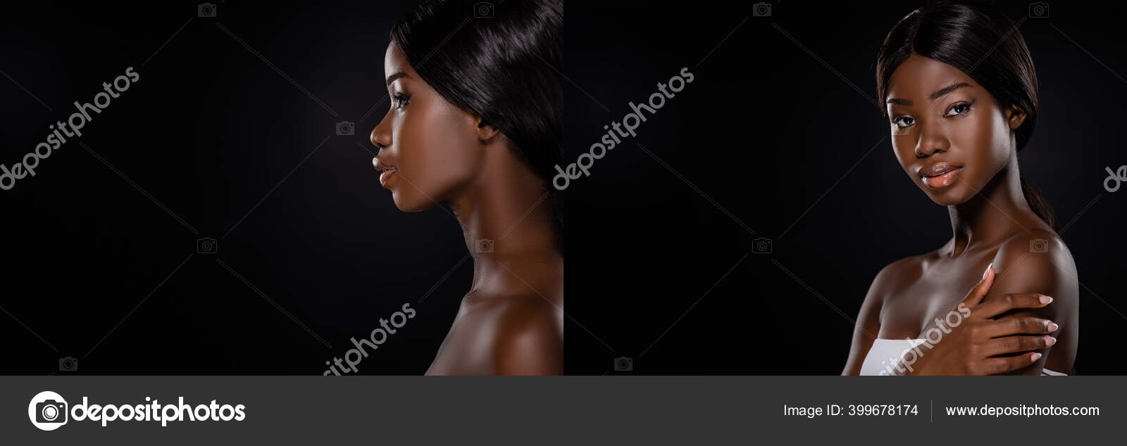 Collage African American Naked Woman Isolated Black Panoramic Shot