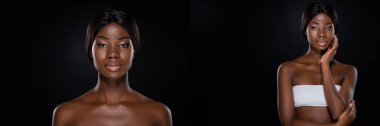 Siyah panoramik kareye izole edilmiş Afro-Amerikan çıplak kadın kolajı.