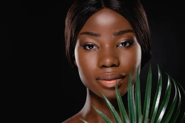 Afrikaans Amerikaanse Naakte Vrouw Met Groene Palm Blad Geïsoleerd Zwart — Stockfoto